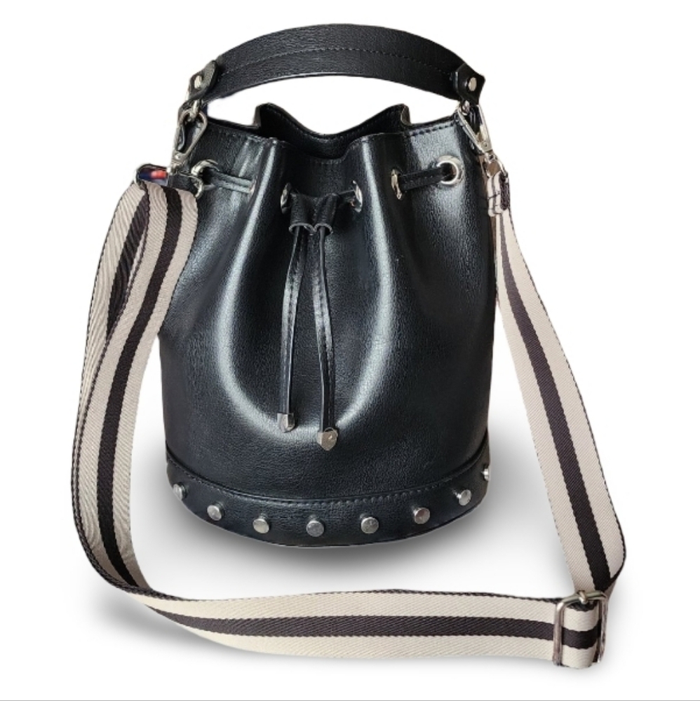 ZARA Black Faux Leather Bucket Bag Studded‎ Base w/ Stripe Crossbody Strap